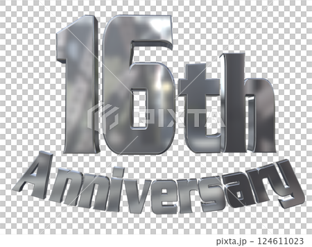3DCG 字母“16 週年/16 週年紀念標誌閃光”銀色，銀色 124611023