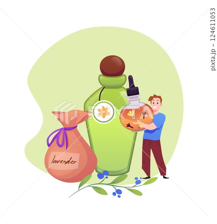 Vector illustration of little man near bottles of cosmetic herbal products. Vector illustration of little man near bottles of cosmetic herbal products. 124611053