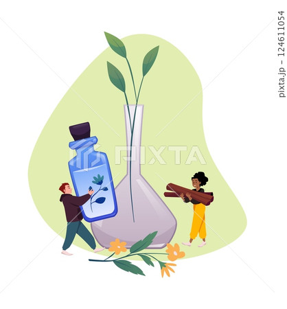 People are holding blue glass bottle of herbal liquid with flower and rolled sticks of cinnamon, vector aromatherapy 124611054