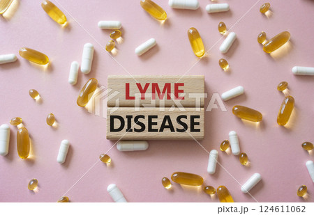 Lyme Disease symbol. Concept word Lyme Disease on wooden blocks. Beautiful pink background with pills. Medicine and Lyme Disease concept. Copy space Lyme Disease symbol. Concept word Lyme Disease on wooden blocks. Beautiful pink background with pills. Medicine and Lyme Disease concept. Copy space 124611062