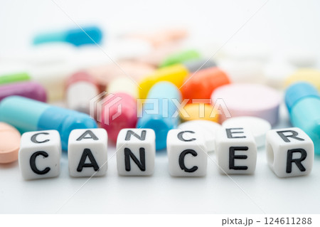 Cancer word with pills and capsules medical drug. Cancer word with pills and capsules medical drug. 124611288