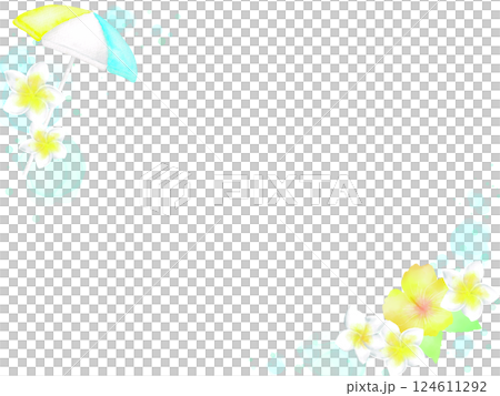 A frame with a resort feel, decorated with beach umbrellas and tropical flowers. An illustration of a trip to a tropical country. 124611292