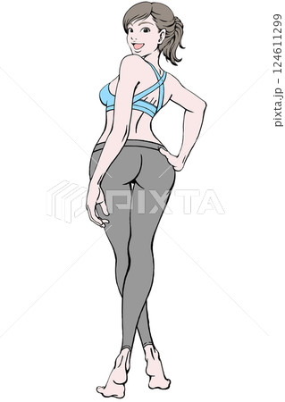 振り返る笑顔の若い女性_スポーツウェア_腰に手_影なし 124611299