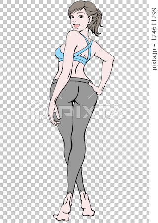 振り返る笑顔の若い女性_スポーツウェア_腰に手_影なし 124611299