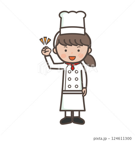ガッツポーズでやる気満々な若い女性コックさんの全身イラスト 124611300