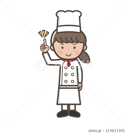 ポイントを説明する若い女性コックさんの全身イラスト 124611301