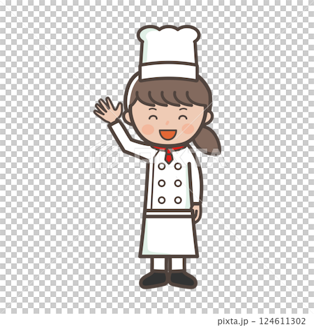 一位年輕女廚師揮手打招呼的全身插畫 124611302