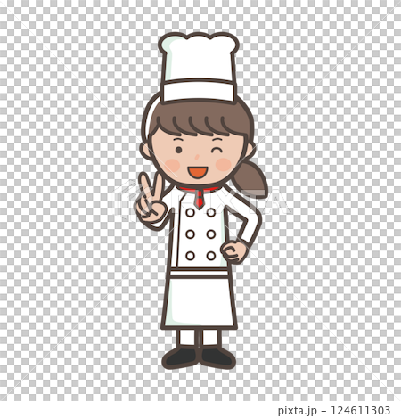 一位微笑的年輕女廚師做出和平手勢的全身插圖 124611303
