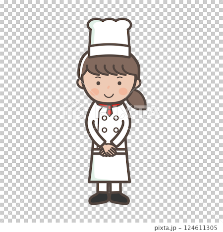 一位年輕女主廚以顧客服務姿勢歡迎顧客的全身插畫 124611305