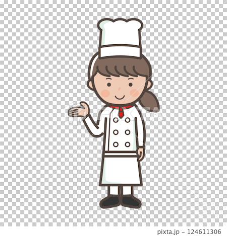 A full-body illustration of a young female chef giving an explanation or guidance 124611306
