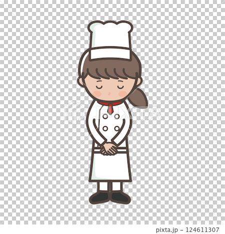 頭を下げて謝る若い女性コックさんの全身イラスト 頭を下げて謝る若い女性コックさんの全身イラスト 124611307