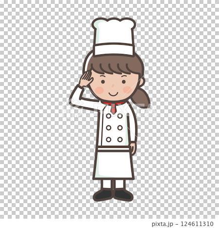 了解のポーズをする若い女性コックさんの全身イラスト 124611310