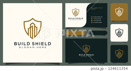 building and shield line style logo and business card 124611354