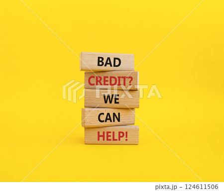 Bad credit We can Help symbol. Wooden blocks with words Bad credit We can Help. Beautiful yellow background. Business and Bad credit We can Help concept. Copy space. Bad credit We can Help symbol. Wooden blocks with words Bad credit We can Help. Beautiful yellow background. Business and Bad credit We can Help concept. Copy space. 124611506
