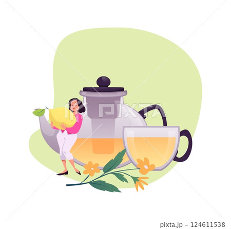 Glass teapot and cup with chamomile flowers, woman with lemon vector flat illustration, herbal tea brewing, aromatherapy 124611538