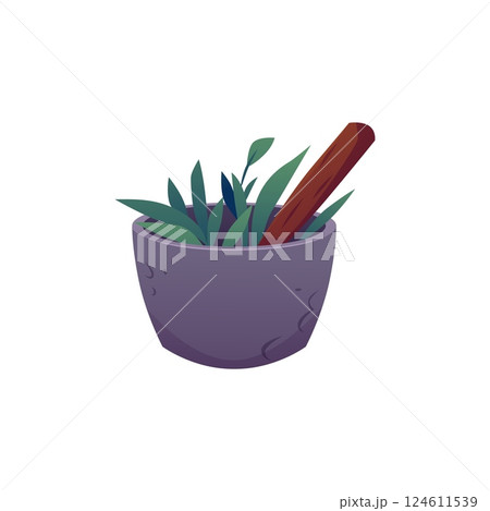 Mortar and pestle with plants, vector flat pounder and herb leaves, ayurveda mortar, homeopathy and aromatherapy essence Mortar and pestle with plants, vector flat pounder and herb leaves, ayurveda mortar, homeopathy and aromatherapy essence 124611539
