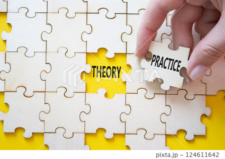 Theory or Practice symbol. Concept word Theory or Practice on wooden puzzle. Businessman hand. Beautiful yellow background. Business and Theory or Practice concept. Copy space 124611642