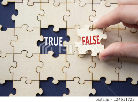 True or False symbol. Concept word True or False on wooden puzzle. Businessman hand. Beautiful deep blue background. Business and True or False concept. Copy space 124611725