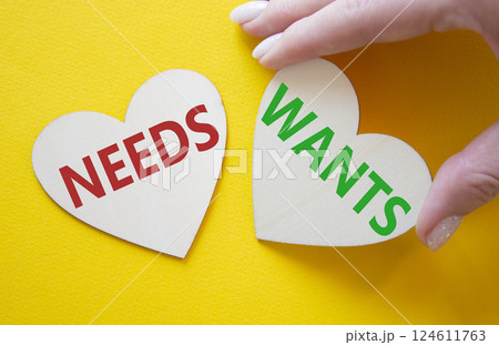 Wants and Needs symbol. Concept word Wants and Needs on wooden hearts. Businessman hand. Beautiful yellow background. Business and Wants and Needs concept. Copy space Wants and Needs symbol. Concept word Wants and Needs on wooden hearts. Businessman hand. Beautiful yellow background. Business and Wants and Needs concept. Copy space 124611763