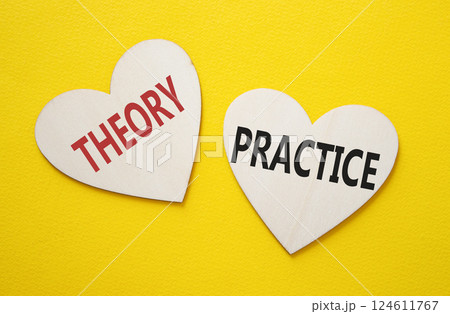 Theory or Practice symbol. Concept word Theory or Practice on wooden hearts. Beautiful yellow background. Business and Theory or Practice concept. Copy space 124611767