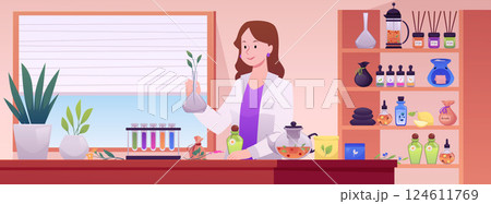 Herbal laboratory with scientist vector flat illustration, homeopathy and aromatherapy, experiment with healing plant 124611769
