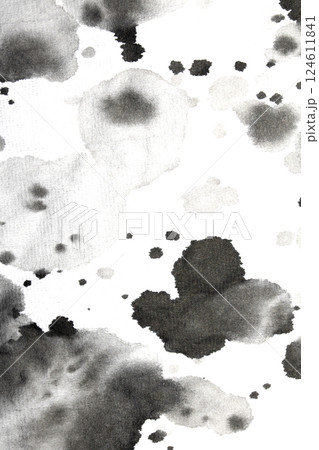 Acrylic Black Ink Paint Splatters and Spots Blot on White for Background 124611841