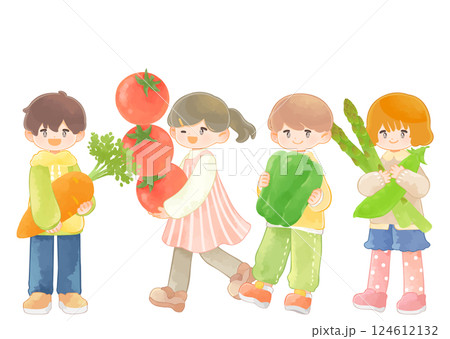 大きな野菜を抱える子供たち　男の子と女の子 124612132