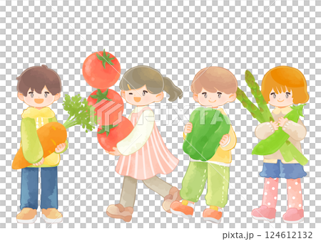 大きな野菜を抱える子供たち　男の子と女の子 124612132