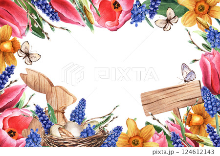 Happy Easter banner, border, with spring flowers, daffodils, tulips, grape hyacinths, wooden bunny, bird nest, eggs, wooden tag, butterflies. Watercolor illustration isolated on white Happy Easter banner, border, with spring flowers, daffodils, tulips, grape hyacinths, wooden bunny, bird nest, eggs, wooden tag, butterflies. Watercolor illustration isolated on white 124612143