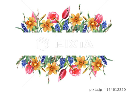 Horizontal banner, border, template, frame with yellow daffodils, narcissi, pink tulips and blue grape hyacinth, muscari, pussy willow branches. Watercolor illustration isolated on white Horizontal banner, border, template, frame with yellow daffodils, narcissi, pink tulips and blue grape hyacinth, muscari, pussy willow branches. Watercolor illustration isolated on white 124612220