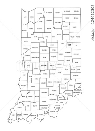 State of Indiana subdivided into 92 counties, outline map. State in the Midwestern region of the United States, nicknamed The Hoosier State. Map with boundaries and county names. Isolated. Vector 124612302