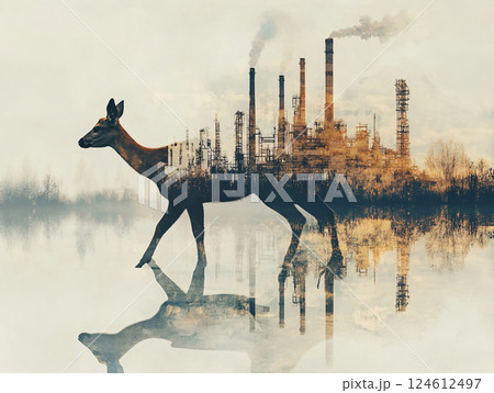 double exposure effect of Deer walking and Industrial plant. Pollution from factories causes global warming. AI Generated. 124612497