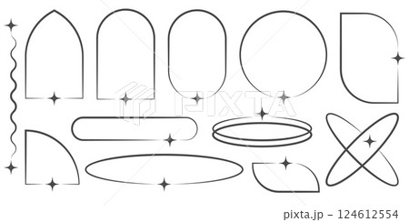 Outline aesthetic frames with star. Border graphic design. Modern vector minimal arches. Simple cute decorative y2k geometric templates. 124612554