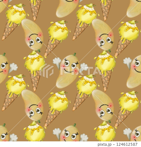 Collection kawaii of seamless patterns of Cartoon fruit and ice cream Set for summer. Collection kawaii of seamless patterns of Cartoon fruit and ice cream Set for summer. 124612587