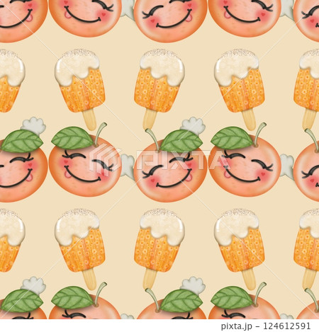 Collection kawaii of seamless patterns of Cartoon fruit and ice cream Set for summer. 124612591