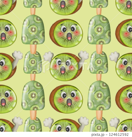 Collection kawaii of seamless patterns of Cartoon fruit and ice cream Set for summer. 124612592