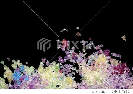 Sugar Sat Crystal Healing Vibrant Clittering Shard Close Up Molecule on Black Background 124612597