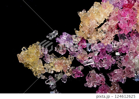 Sugar Sat Crystal Healing Vibrant Clittering Shard Close Up Molecule on Black Background 124612625