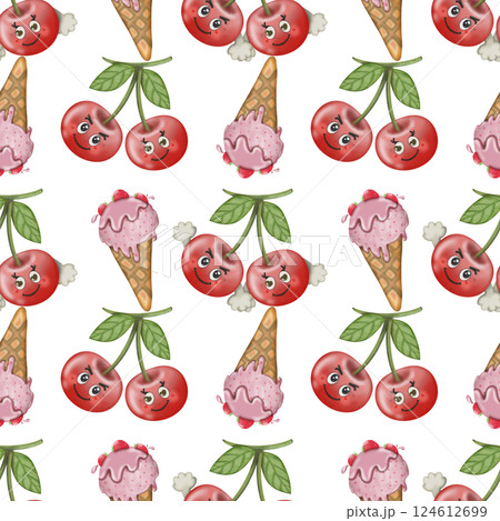 Collection kawaii of seamless patterns of Cartoon fruit and ice cream Set for summer. 124612699