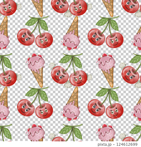 Collection kawaii of seamless patterns of Cartoon fruit and ice cream Set for summer. 124612699