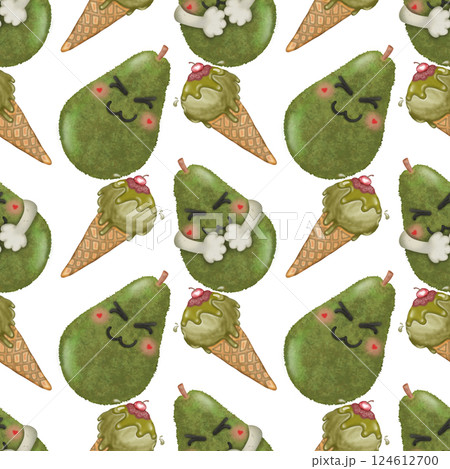 Collection kawaii of seamless patterns of Cartoon fruit and ice cream Set for summer. 124612700