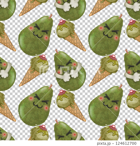 Collection kawaii of seamless patterns of Cartoon fruit and ice cream Set for summer. 124612700