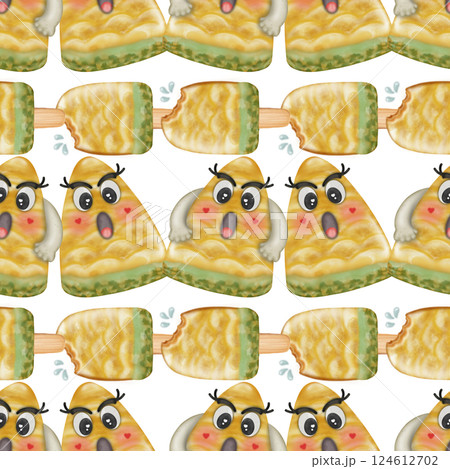 Collection kawaii of seamless patterns of Cartoon fruit and ice cream Set for summer. 124612702