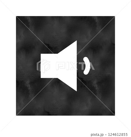 音量小アイコン 白いスピーカーと小さい音波 黒い水彩風の四角背景 124612855
