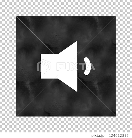 音量小アイコン 白いスピーカーと小さい音波 黒い水彩風の四角背景 124612855