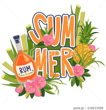 Vector sticker with bottle of rum, pineapple and flowers. Tropical vacation emblem. Illustration for beach bar menu. Cruise vacation, summer holidays, party, cafe. Vector sticker with bottle of rum, pineapple and flowers. Tropical vacation emblem. Illustration for beach bar menu. Cruise vacation, summer holidays, party, cafe. 124613096