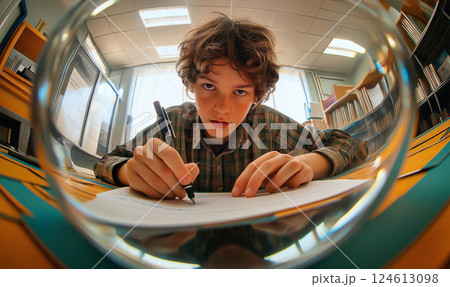 Teenage boy writing in his copybook in the study room. Shot through glass ball. Immersive POV 124613098