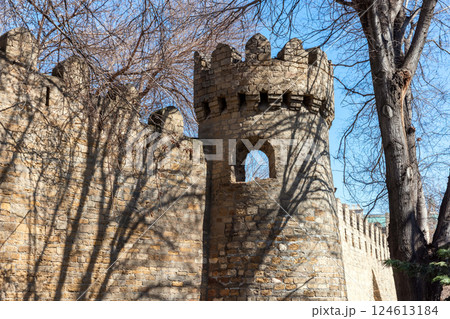 An old stone tower with battlements and bare trees. Baku 124613184