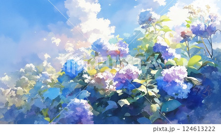 美しい空と紫陽花が印象的な爽やかな水彩風景イラスト 美しい空と紫陽花が印象的な爽やかな水彩風景イラスト 124613222