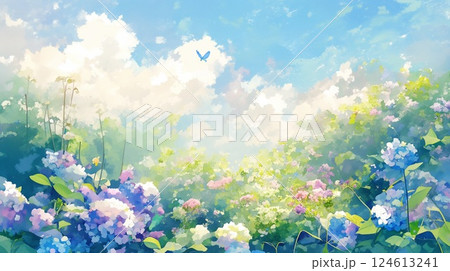初夏の青空と紫陽花が広がる爽やかな自然風景水彩イラスト 124613241